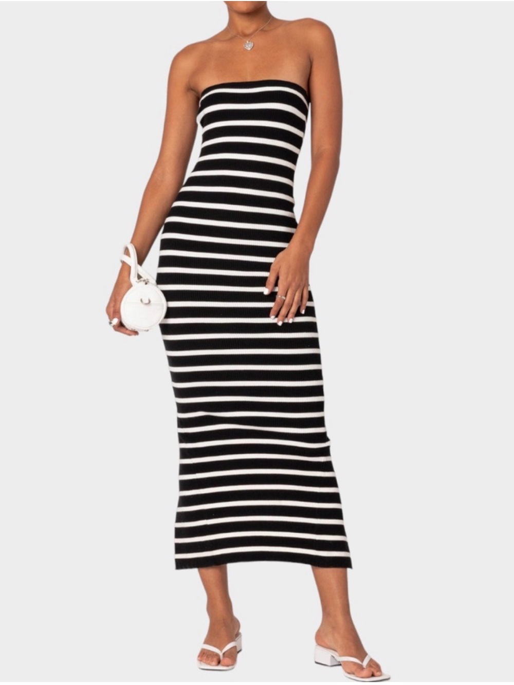 EDIKTED Black and White Strapless Ribbed Midi Dress